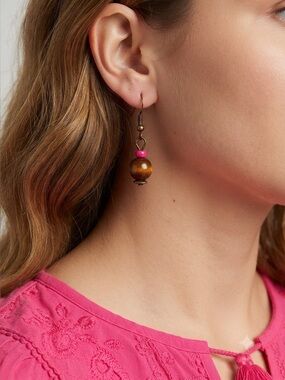 Handmade Wooden Bead Dangle Earrings | Pink Accent Ring | Lightweight Boho